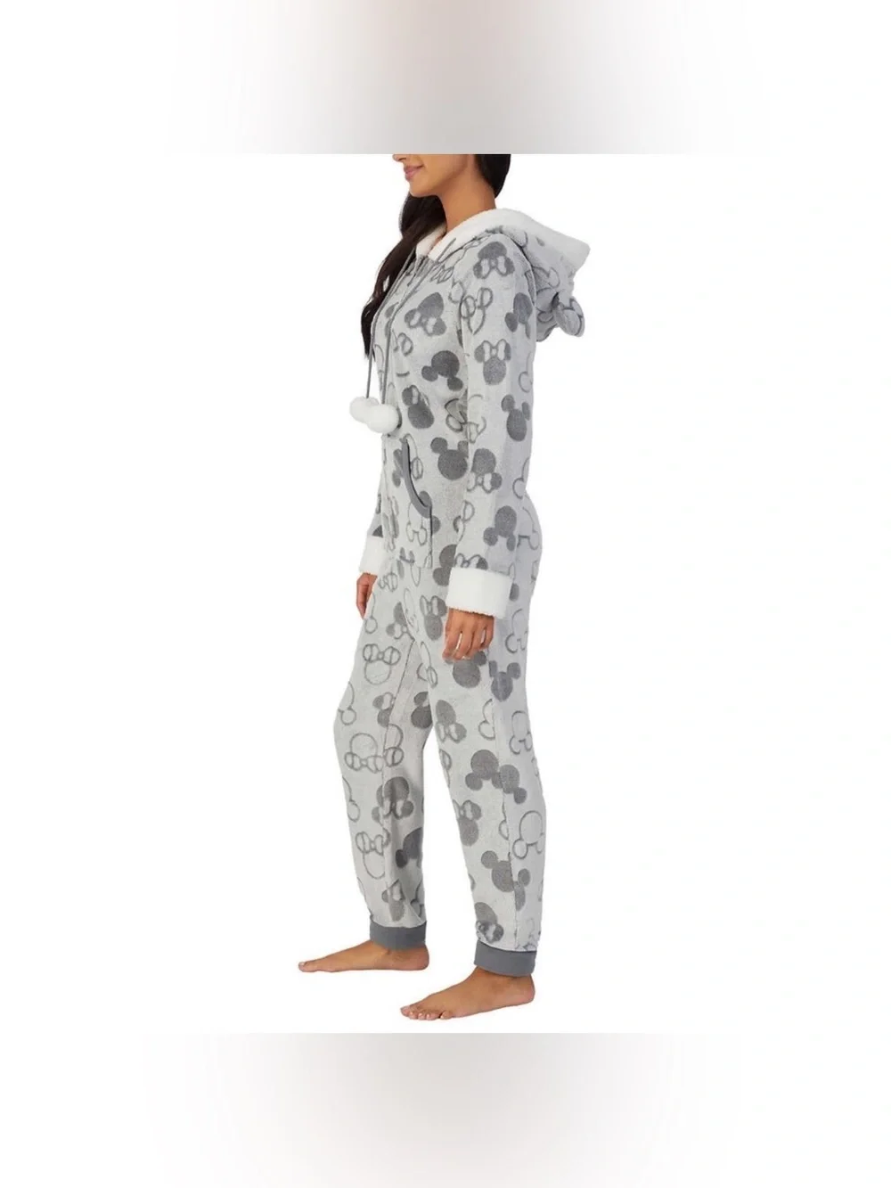 NWT Disney Gray Mickey and Minnie Mouse Fleece Hooded Pajama Onesie size S - Picture 4 of 7